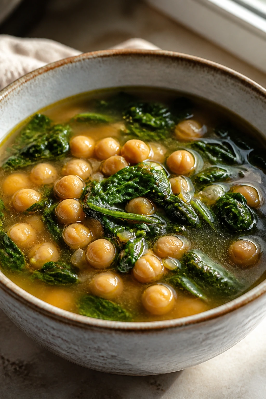 Chickpea and spinach soup with visible chickpeas and greens in a clear broth