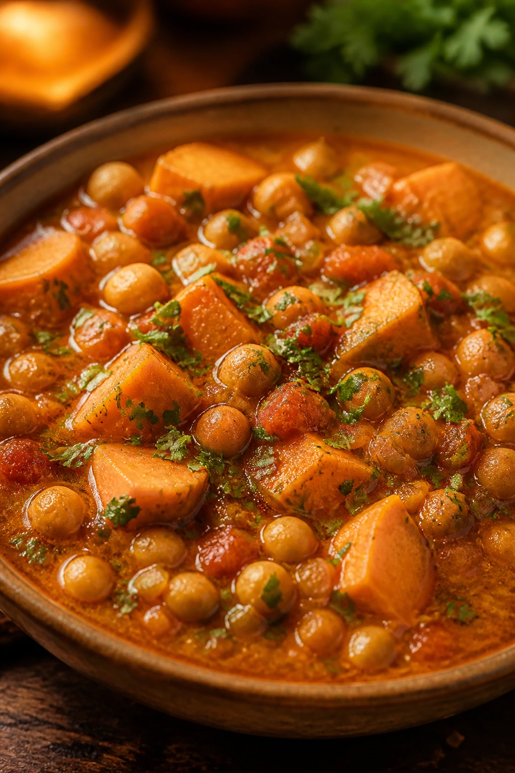 Moroccan chickpea and sweet potato stew in a bowl