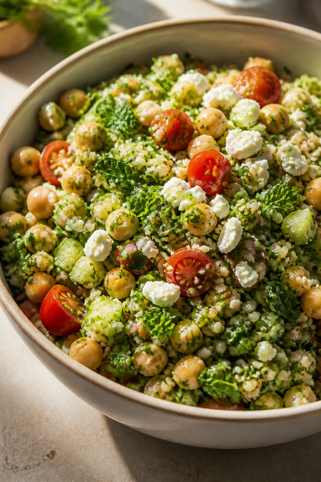 Close-up of chickpea tabbouleh with feta and herbs in a bowl on a sunlit counter.