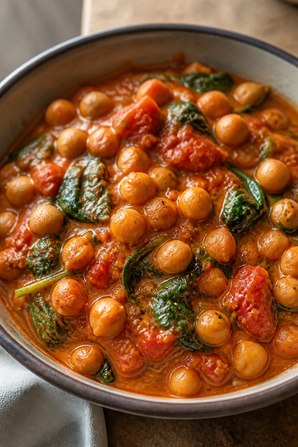 Chickpea curry with tomatoes and spinach in a bowl