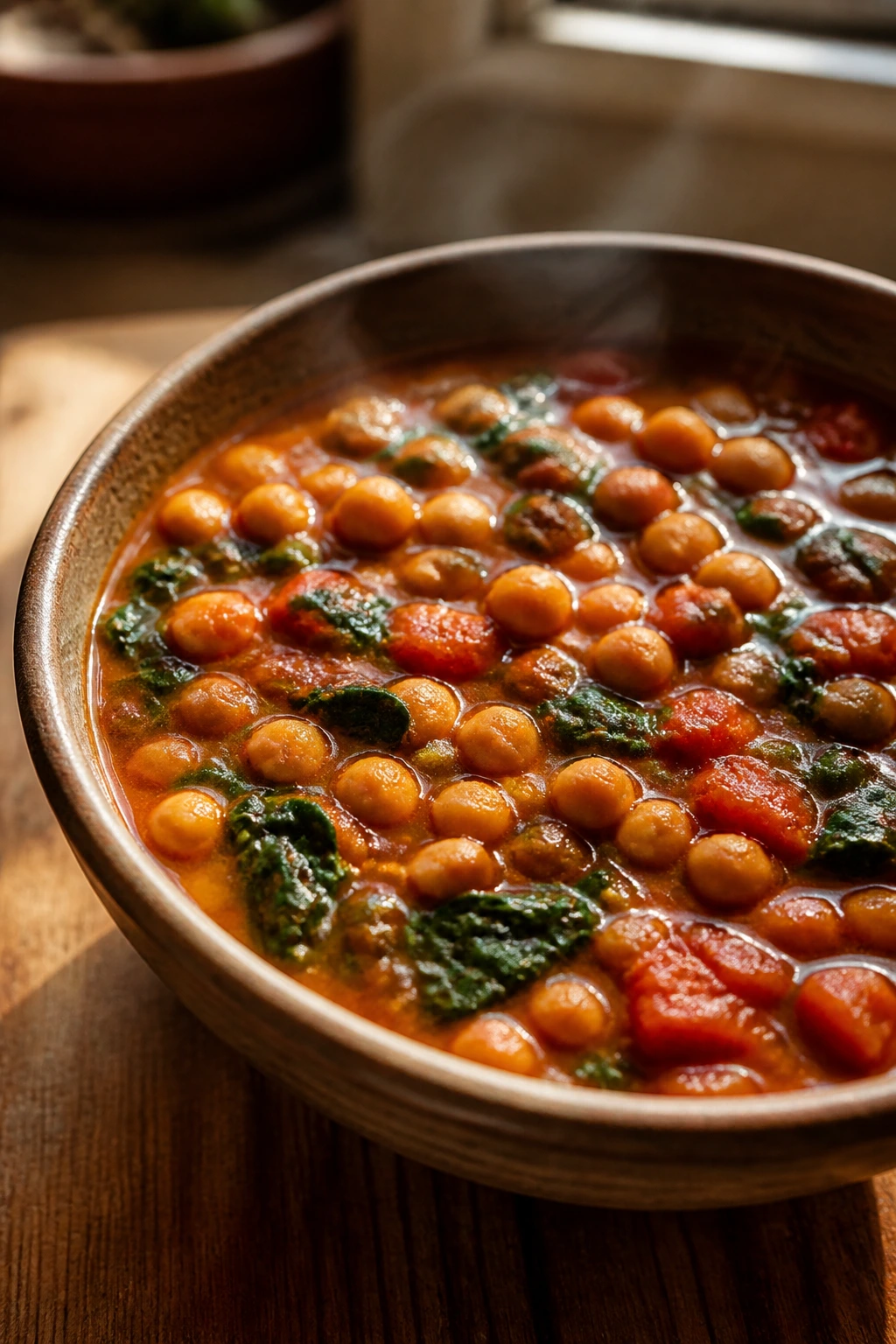 Close-up of chickpea tomato spinach stew in a rustic bowl