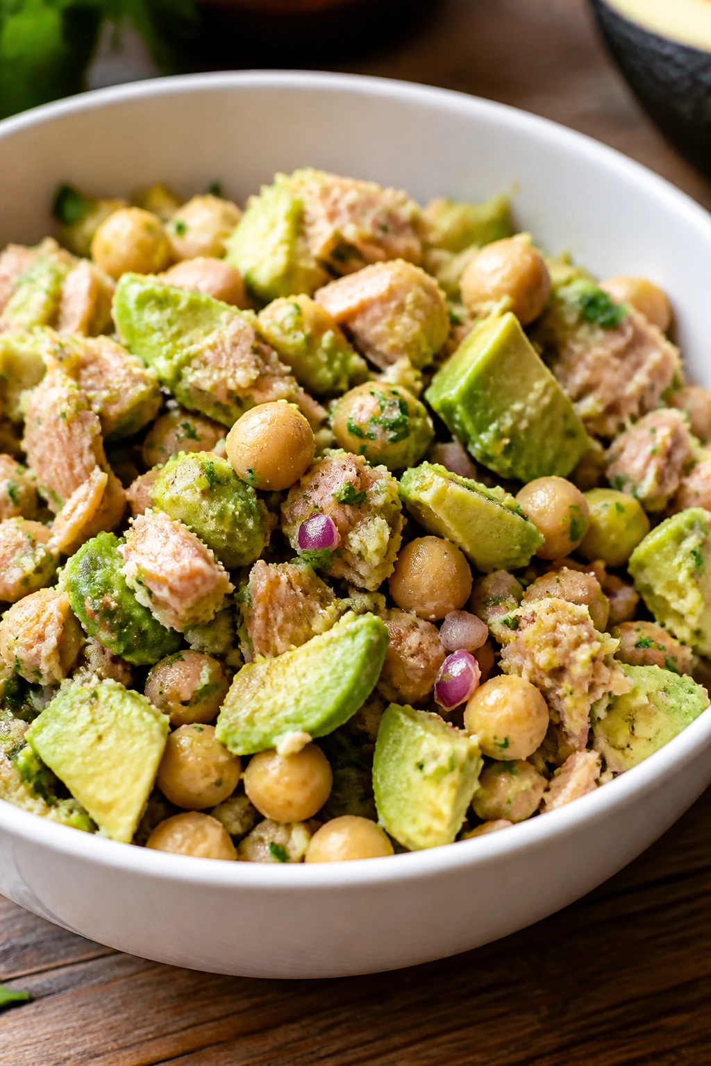 Close-up of chickpea tuna avocado salad in a bowl on a wooden table; high-protein lunch