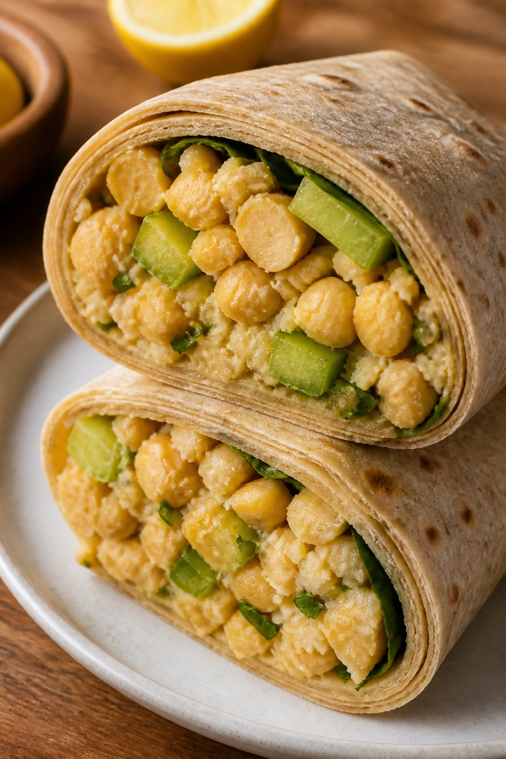 Cross-section of smashed chickpea wrap showing celery
