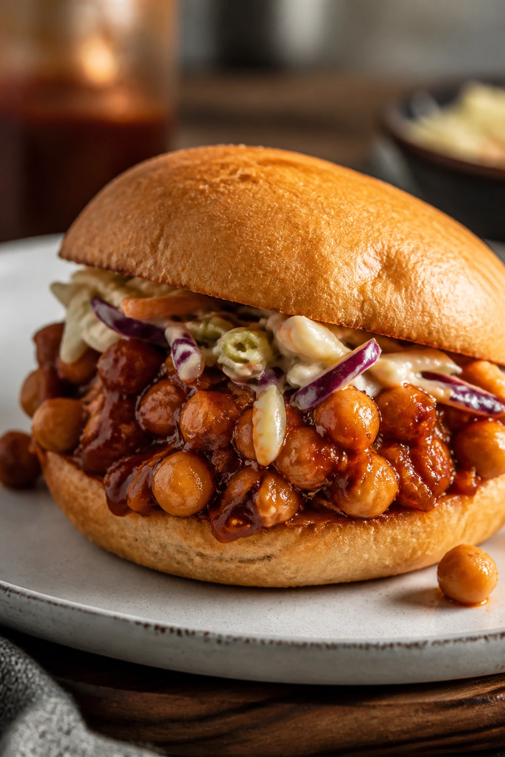 Close-up of a BBQ chickpea sandwich on a bun