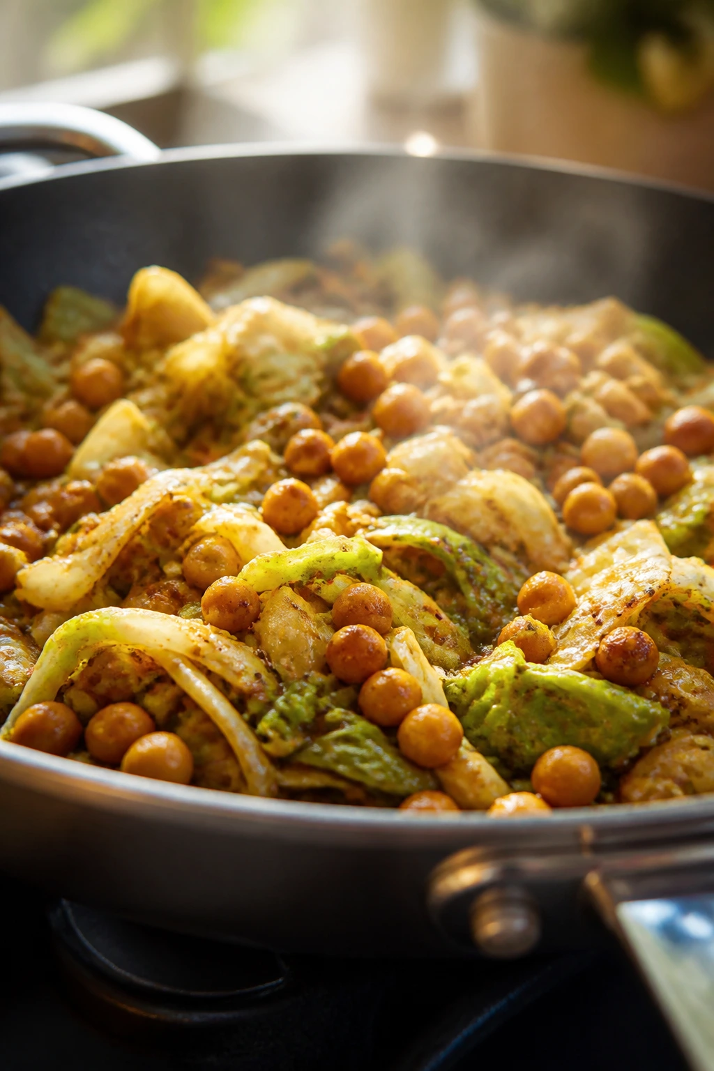 Close-up skillet with chickpeas and cabbage stir-fry