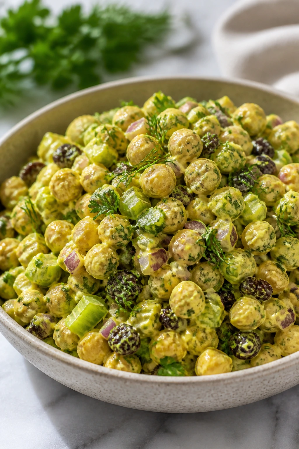 Close-up of Curried Chickpea Salad with Celery and Raisins in a bowl