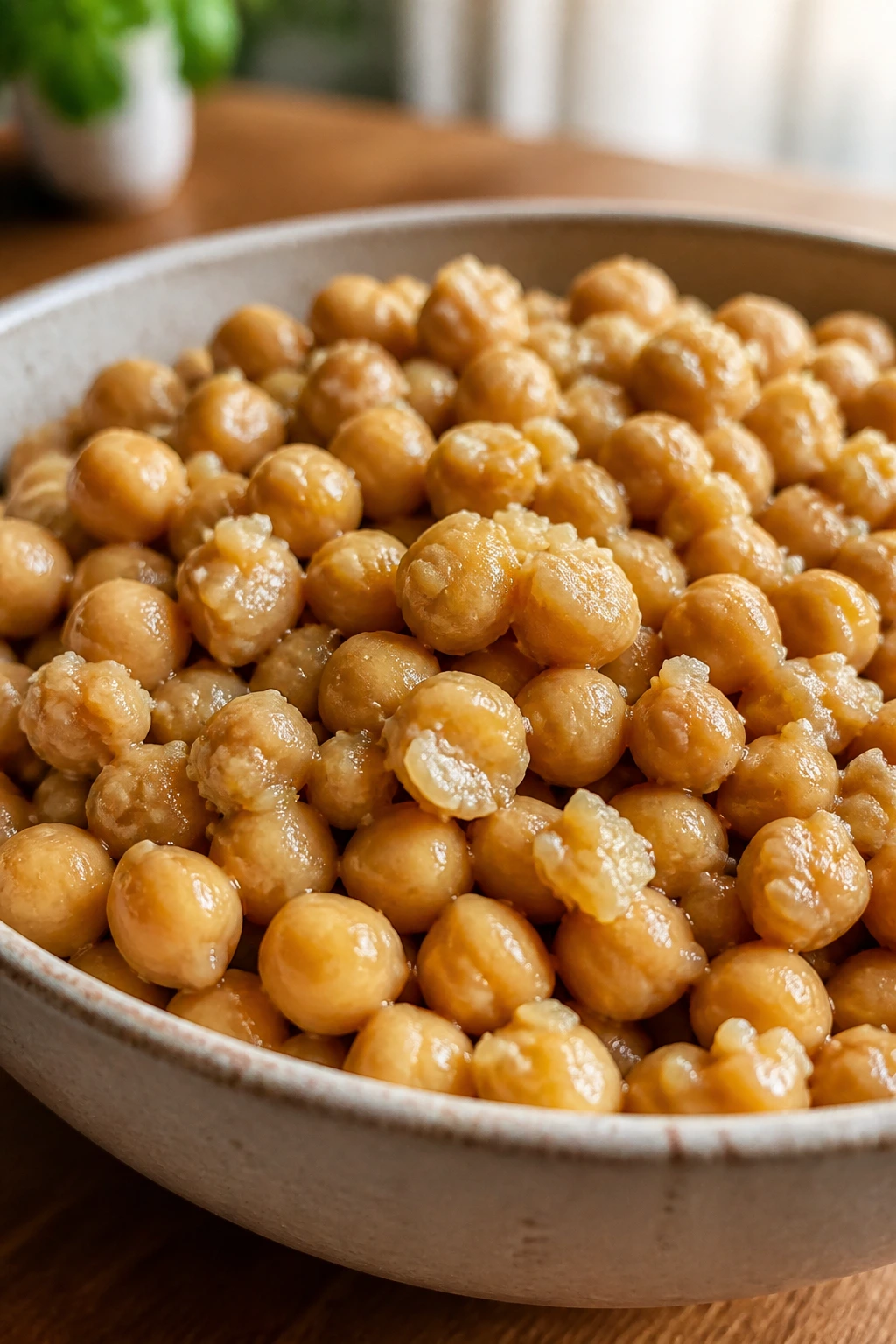 Close-up of glossy chickpeas in a bowl