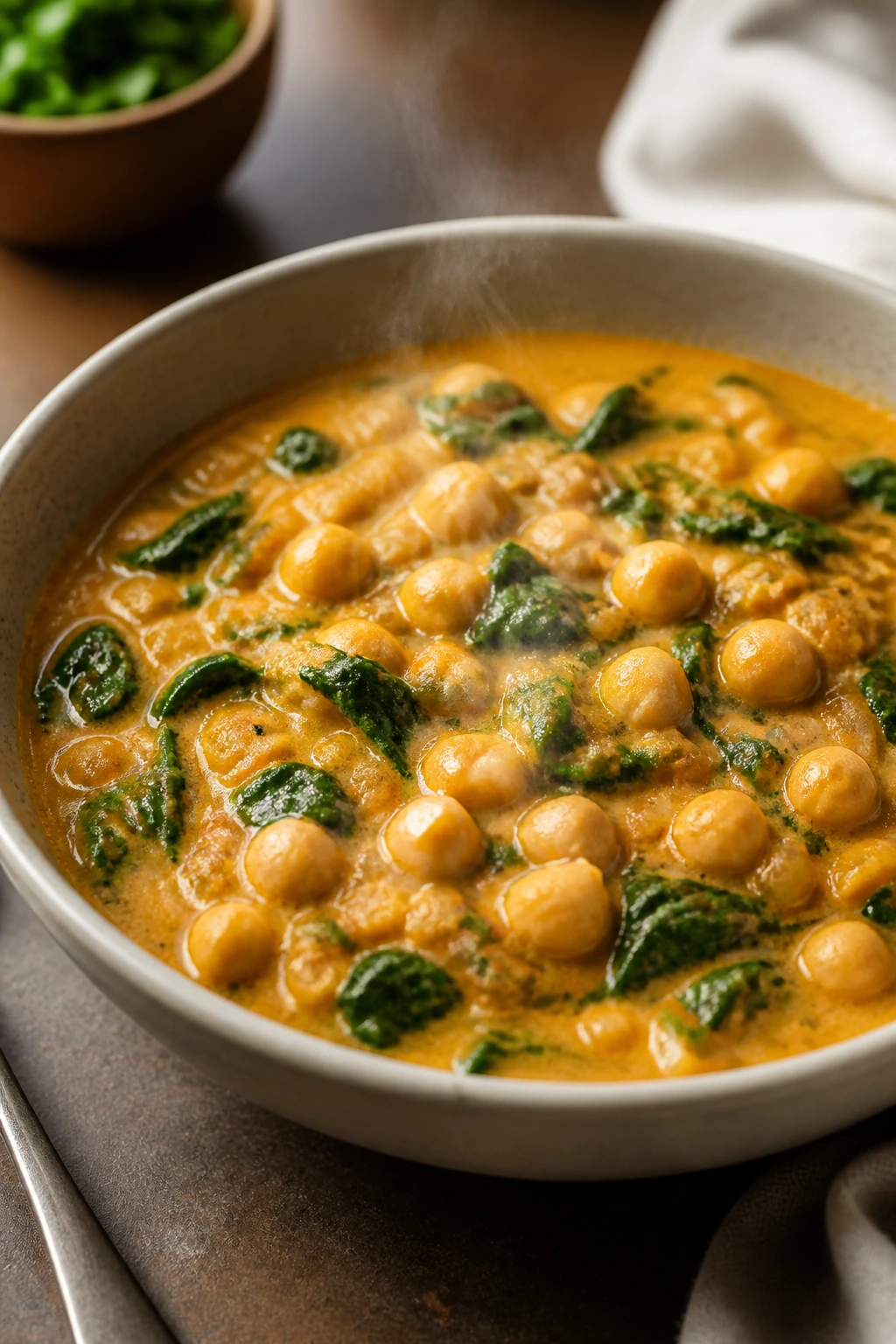 Bowl of chickpea coconut curry with spinach in creamy sauce