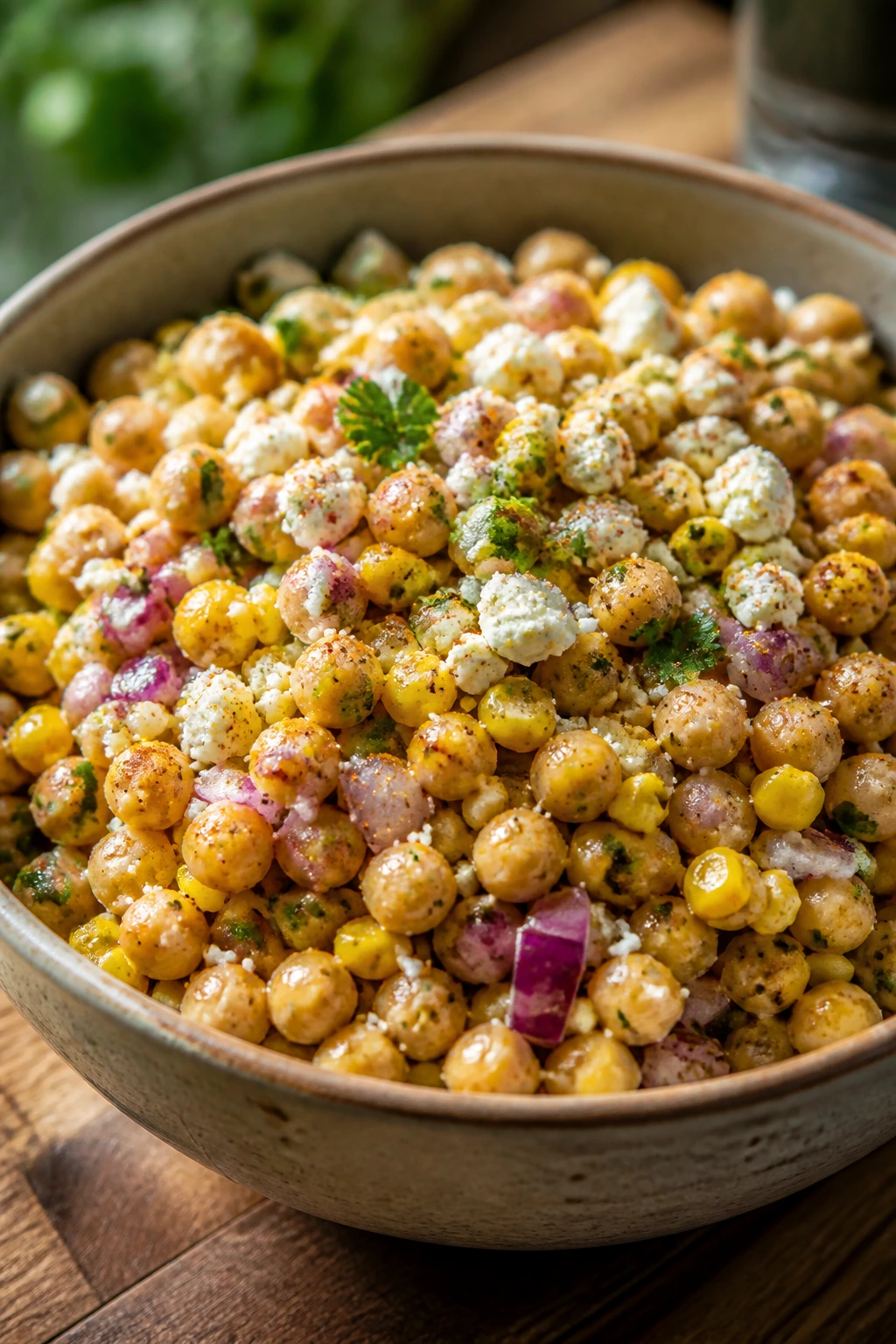 Close-up of Mexican Street Corn Chickpea Salad in a bowl with corn, chickpeas, red onion and cotija.
