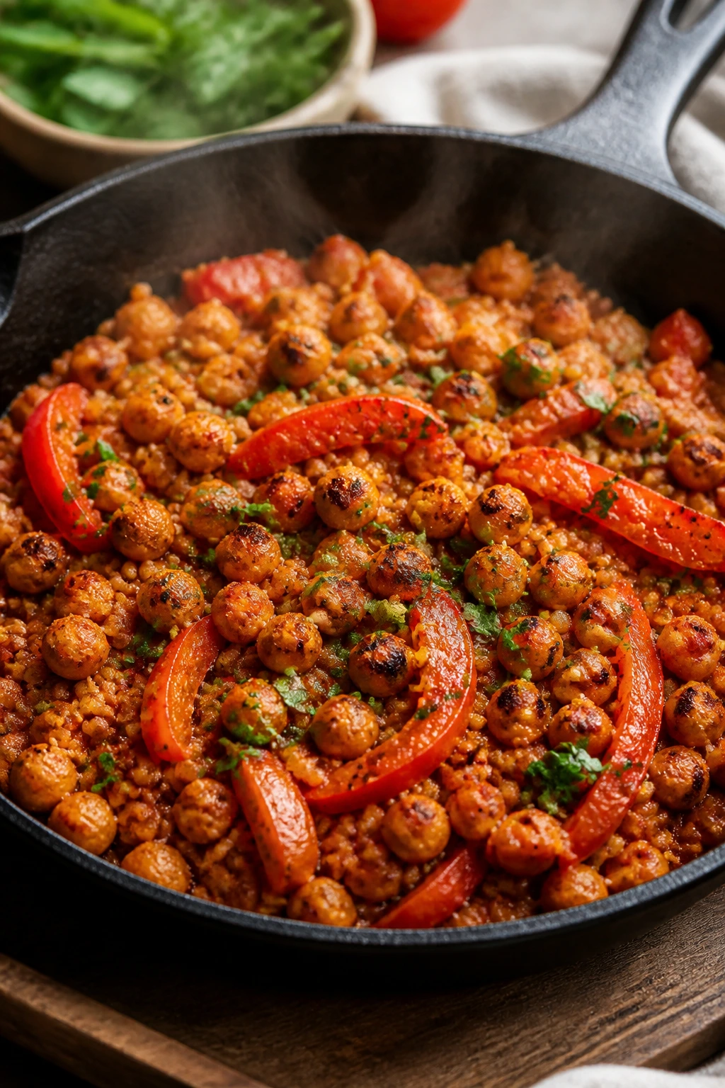 Close-up of smoky chickpeas with peppers over fluffy couscous in a cast-iron skillet