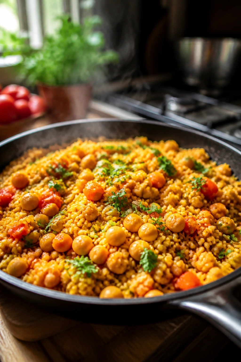 Close-up of Chickpea Couscous Skillet with Tomatoes and Parsley in a cozy kitchen