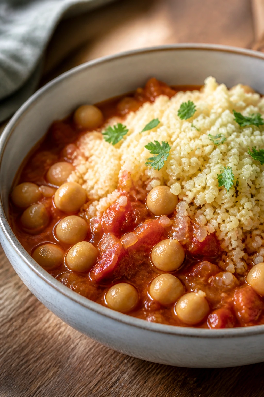 Bowl of tomato chickpea stew topped with couscous