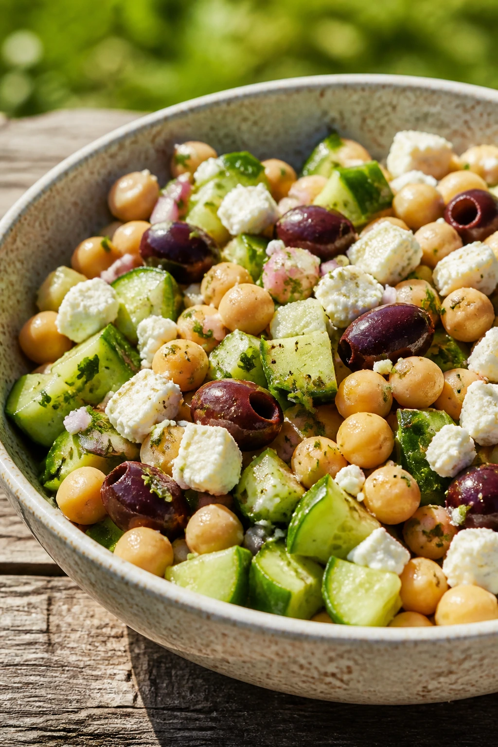 Close-up of chickpea cucumber feta bowl ready for a picnic