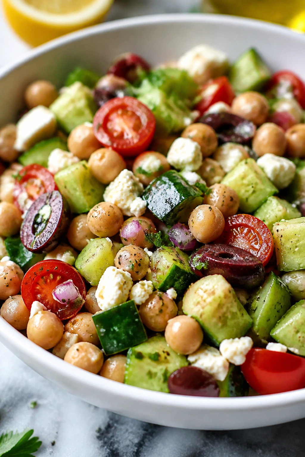 Greek chickpea cucumber salad with feta olives in a bowl