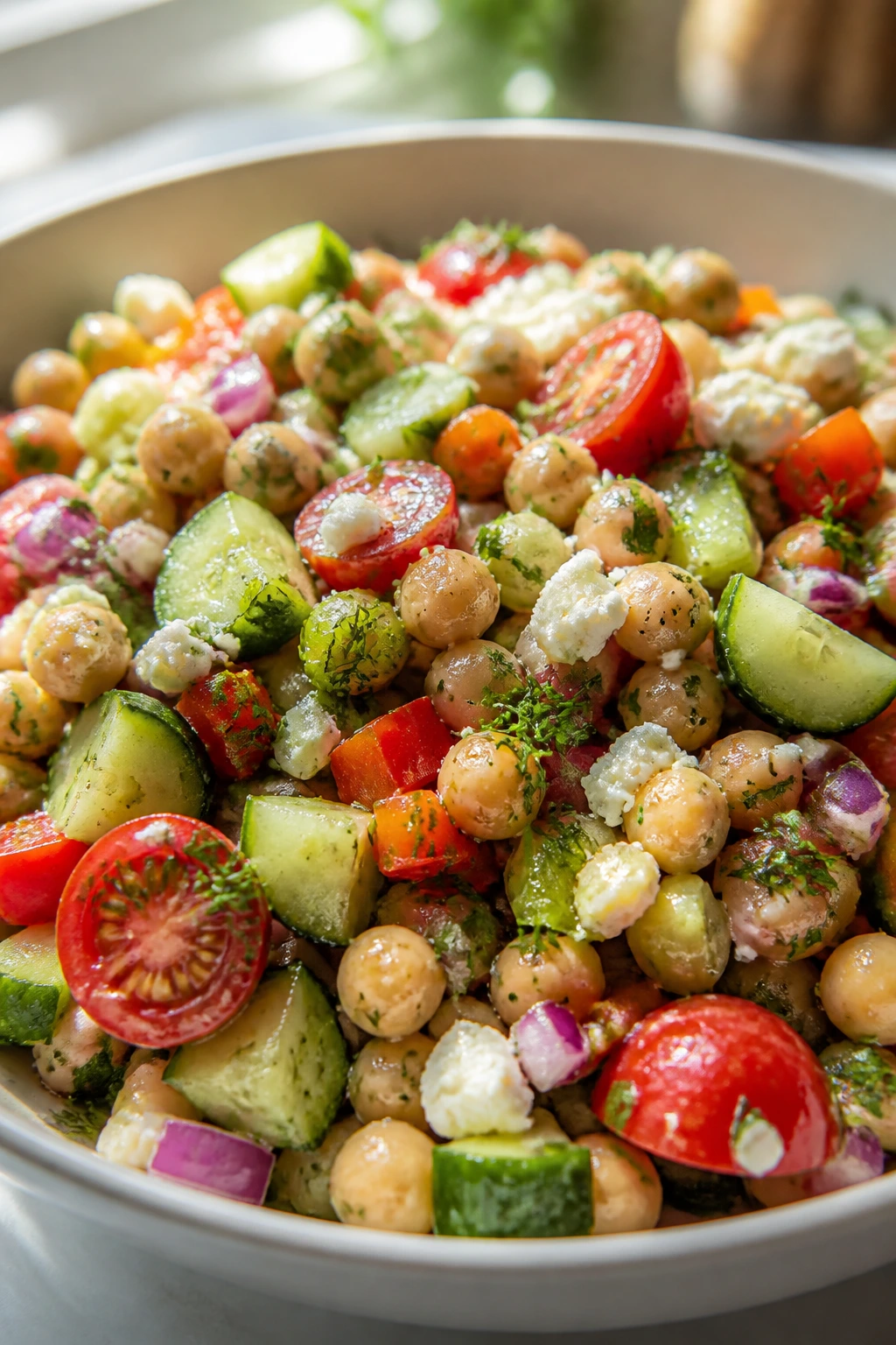 Close-up of colorful chickpea salad in a bowl with vegetables