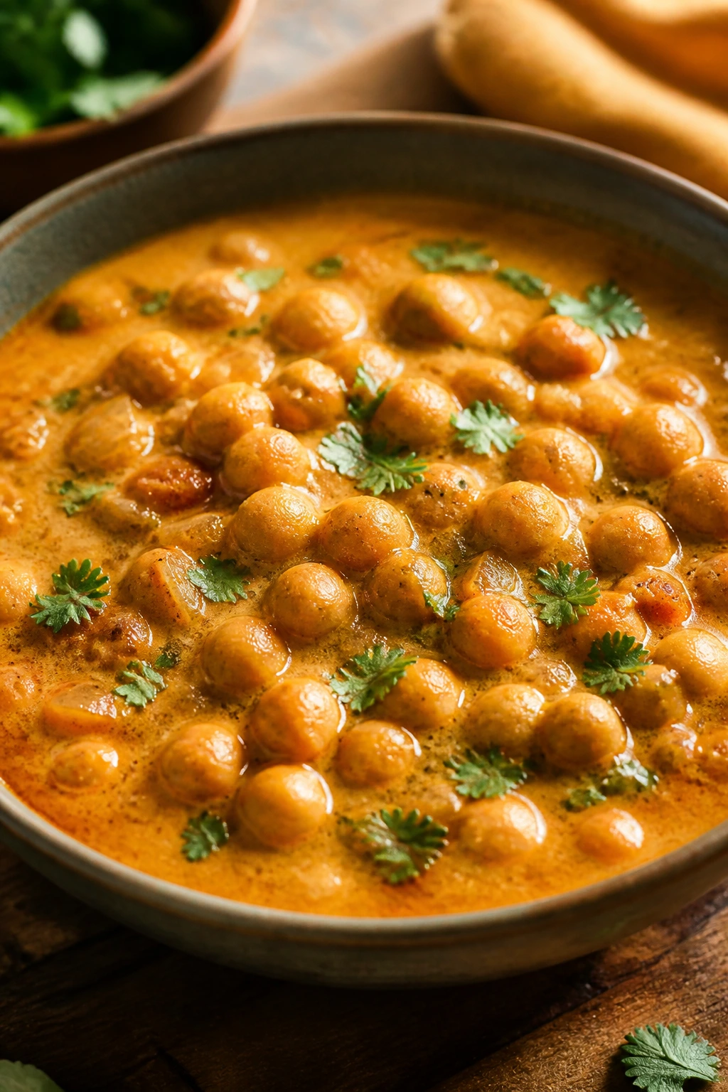 Close-up of chickpea coconut curry in a bowl on a kitchen table