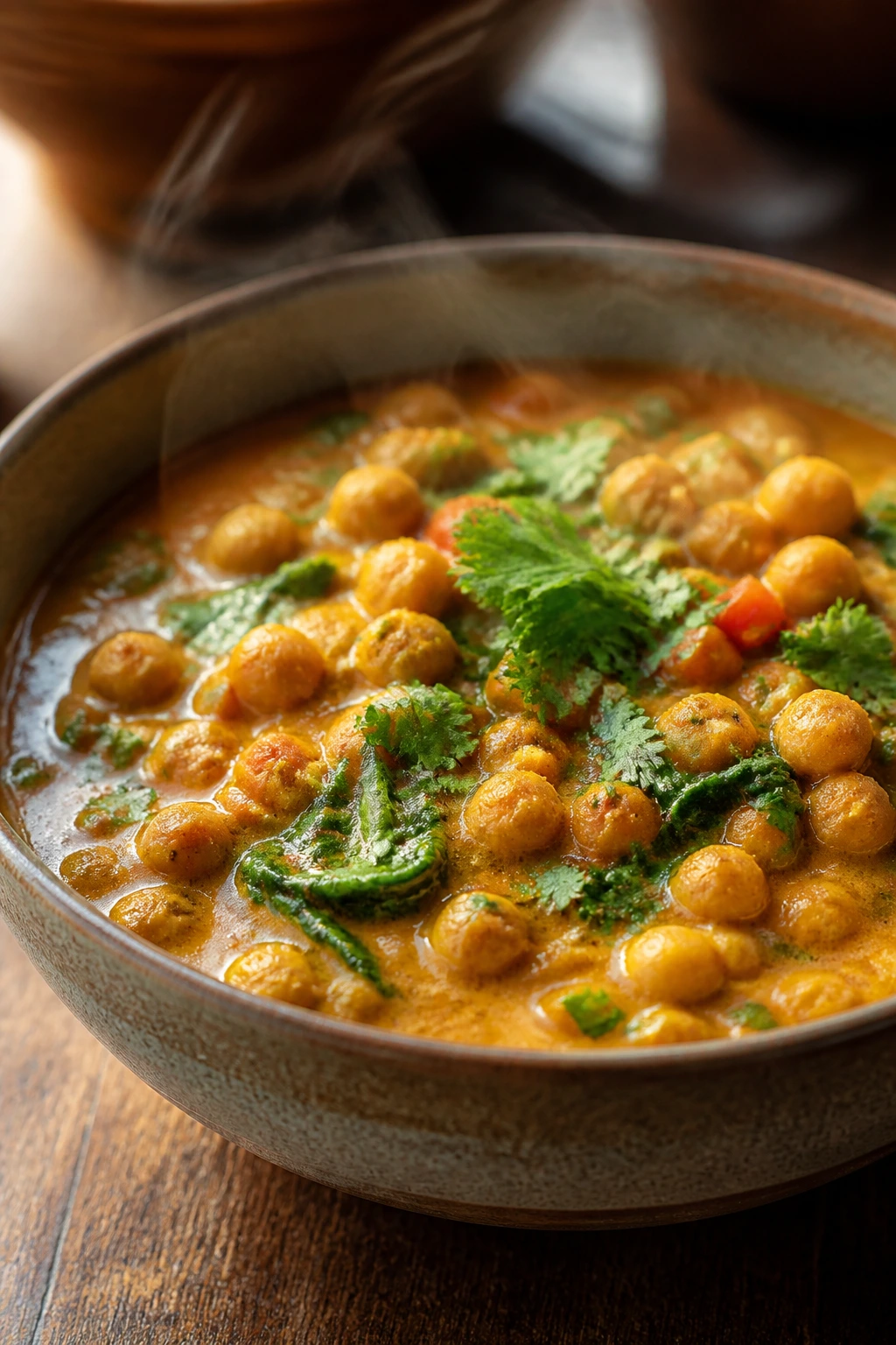 Vibrant chickpea coconut curry in a ceramic bowl on a wooden table