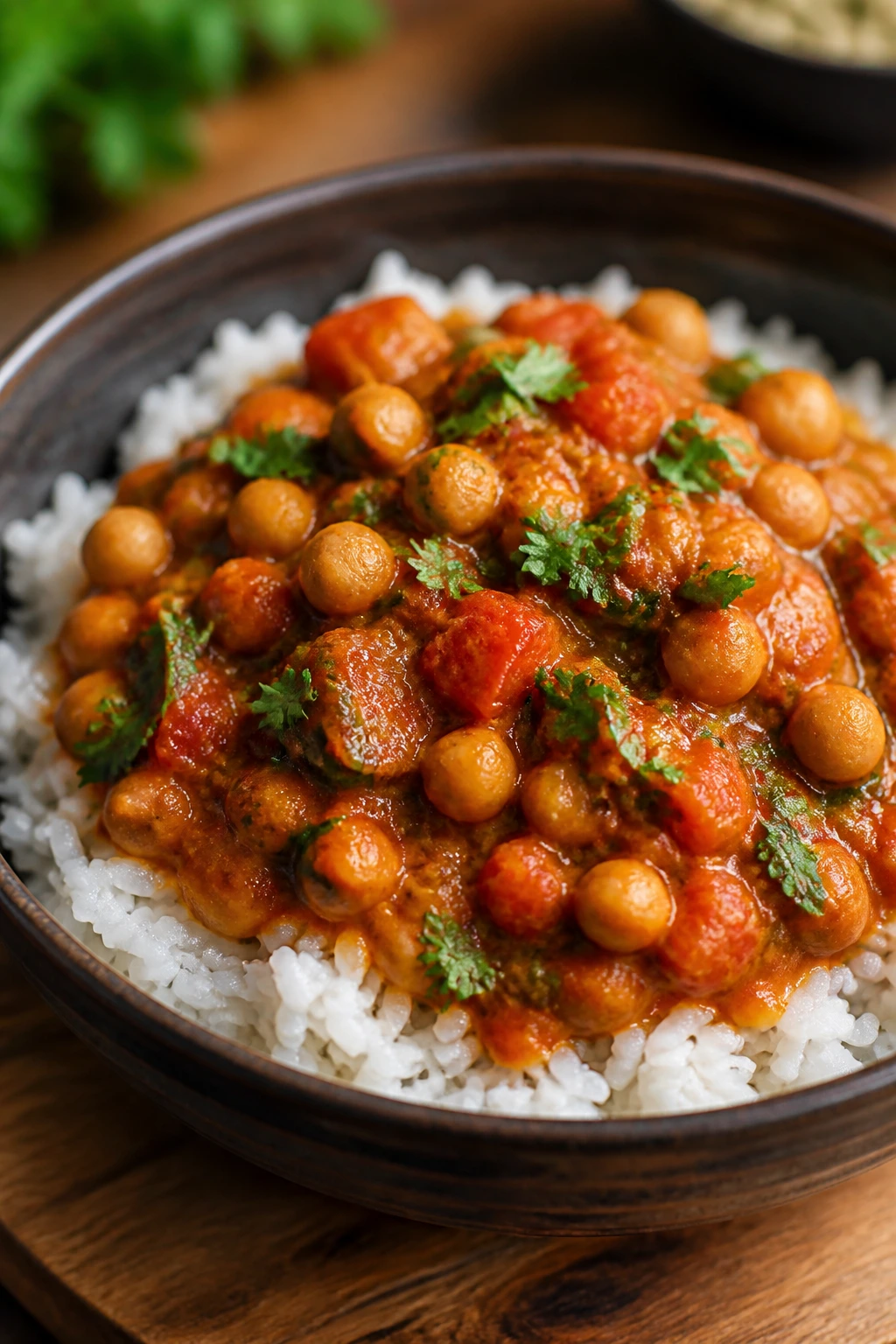 Close-up bowl of chickpea tomato curry over rice in a kitchen setting
