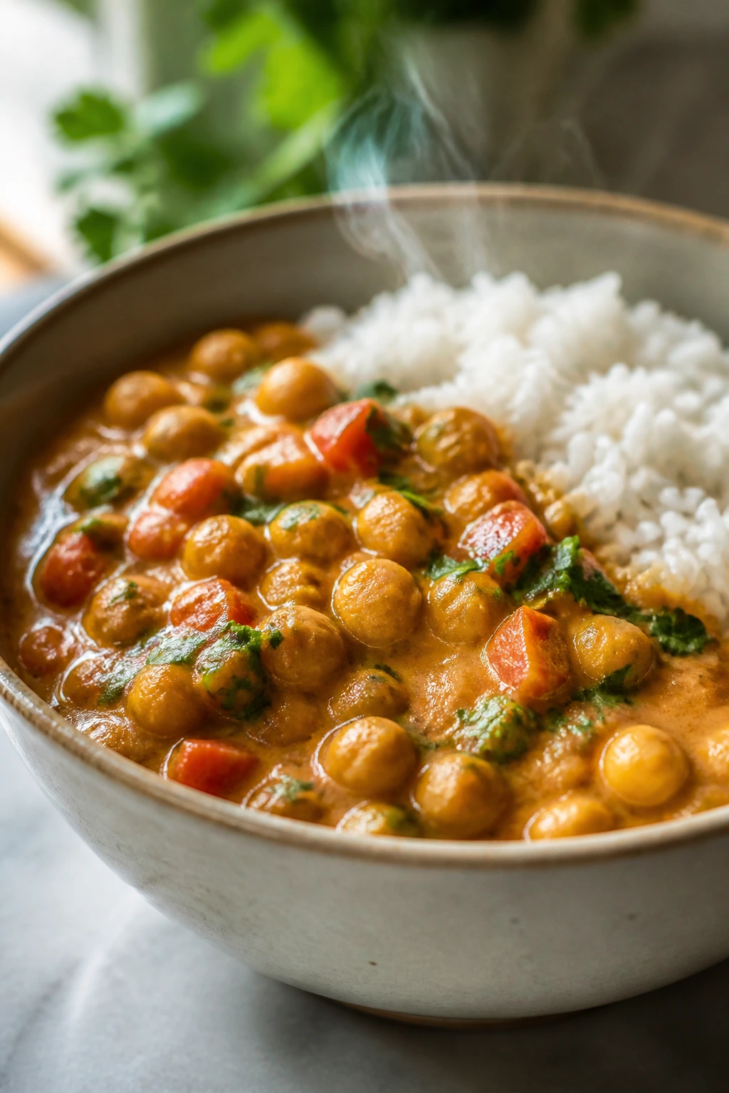 Chickpea coconut curry with rice in a bowl