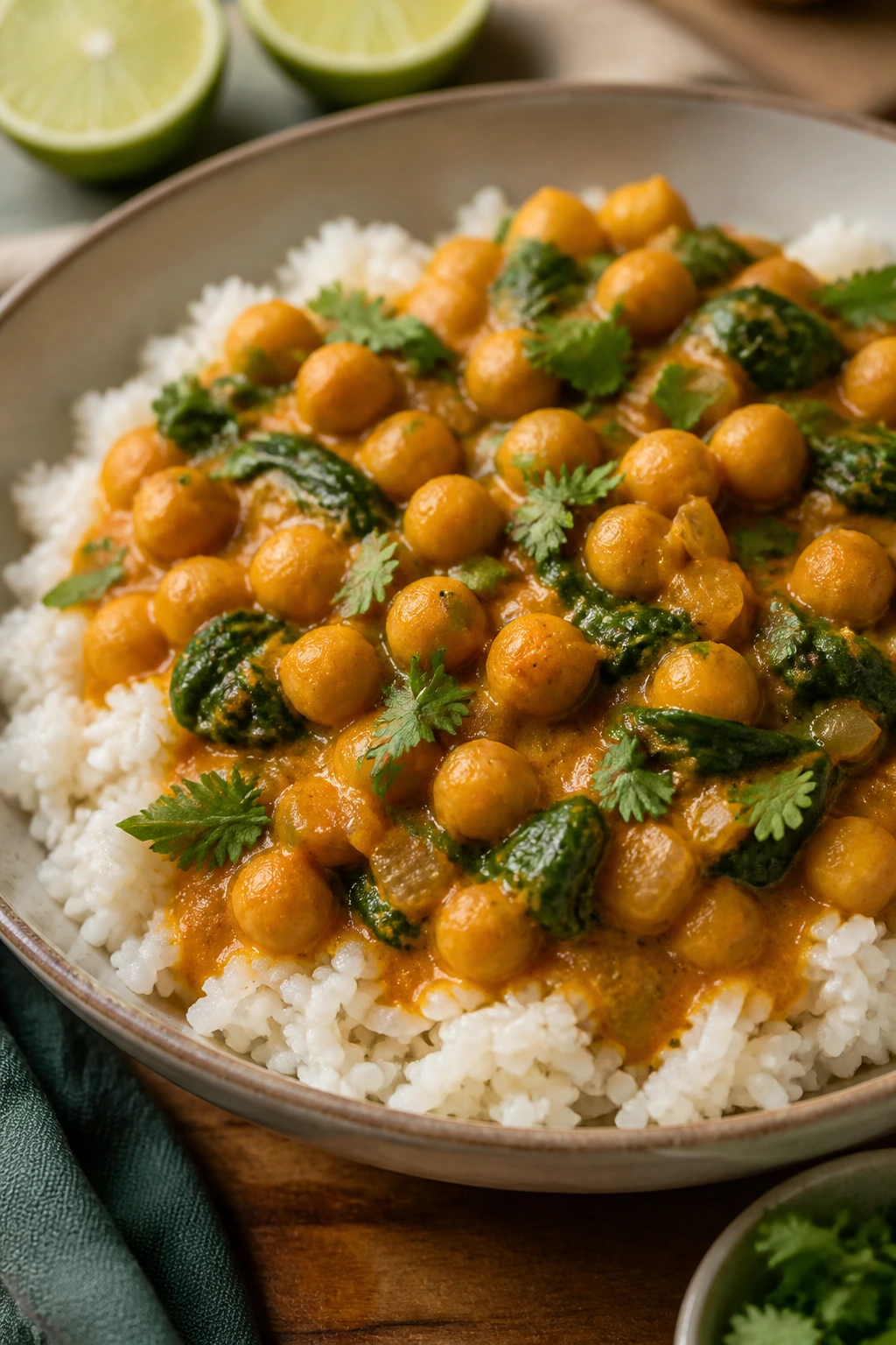 Chickpea coconut curry over rice in a bowl