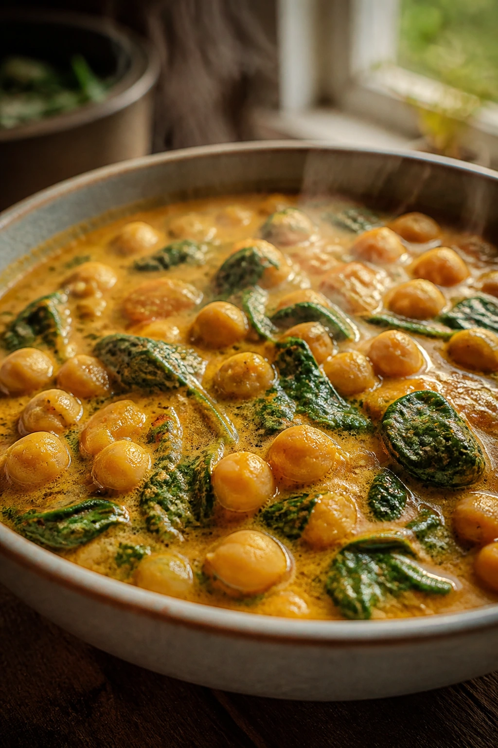 Close-up bowl of chickpea coconut curry with spinach