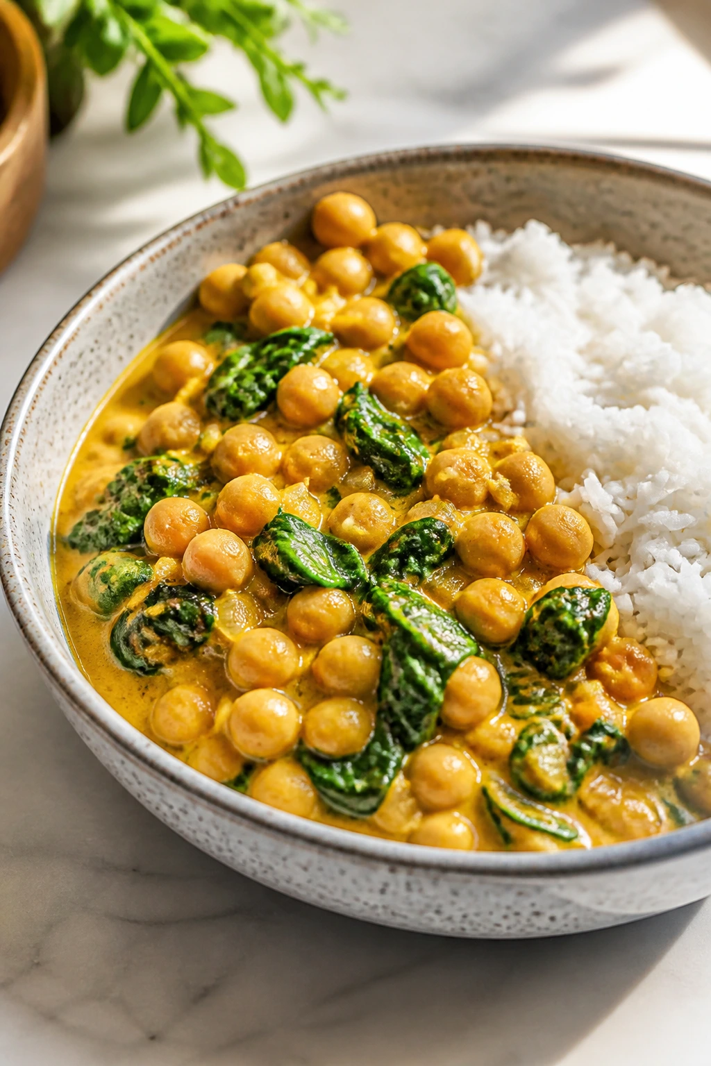Medium close-up bowl of chickpea coconut curry with spinach over rice.