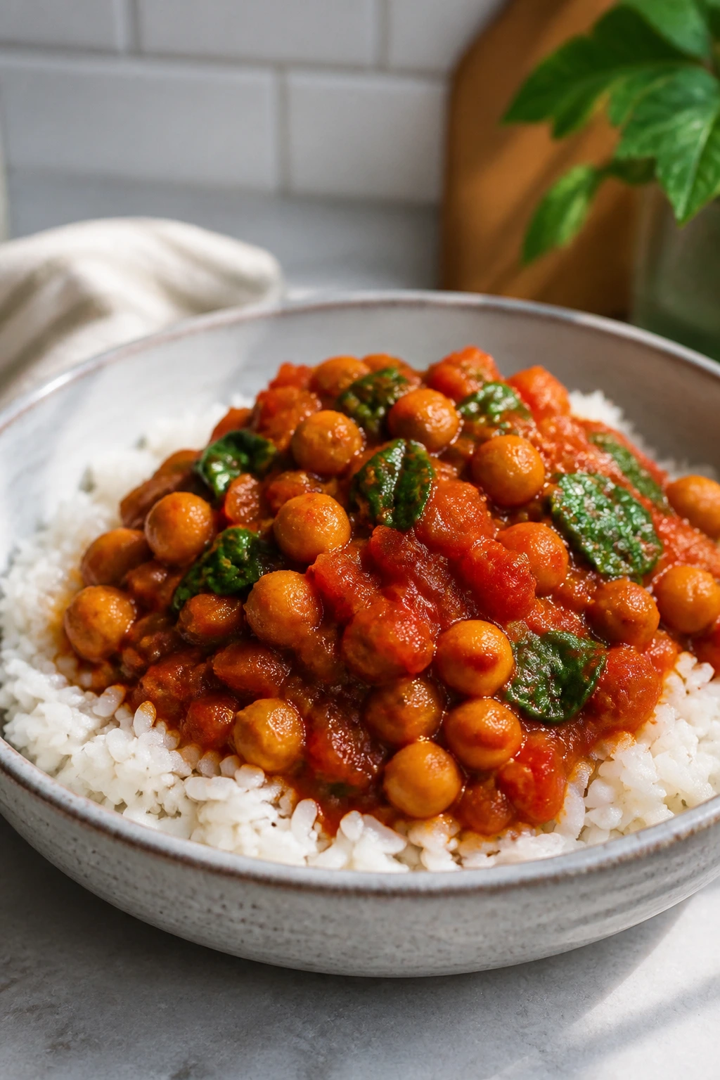 Close-up of chickpea tomato curry with rice in a bowl