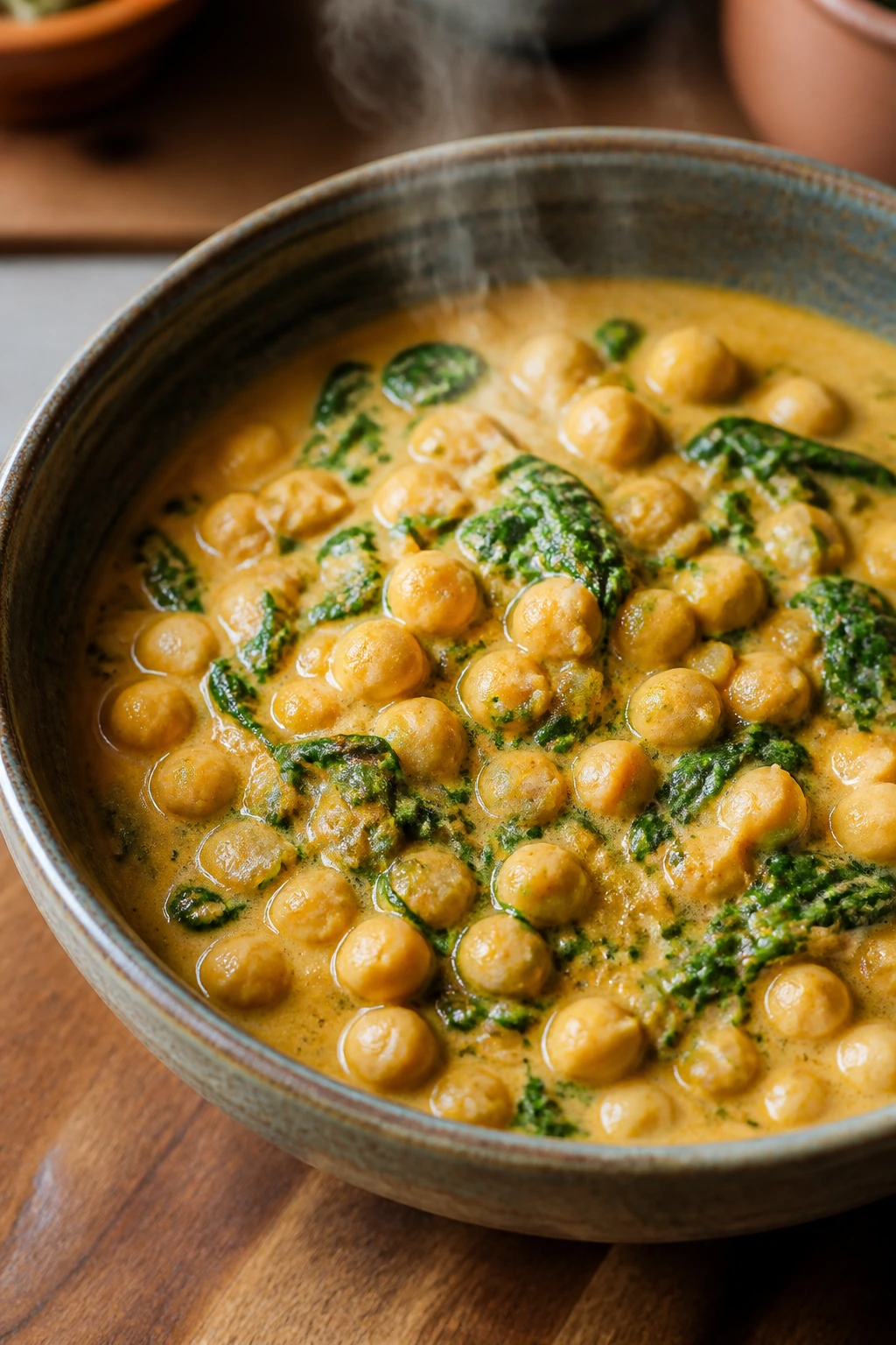 Close-up of chickpea coconut curry with spinach in a ceramic bowl