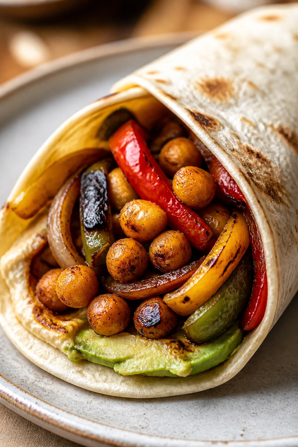 Chickpea fajita wrap with peppers and onions revealed on a plate