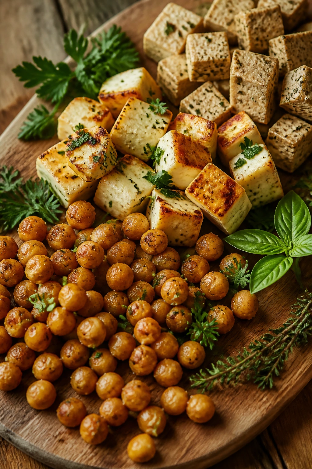Chickpeas, halloumi, and tofu on a wooden board for variations