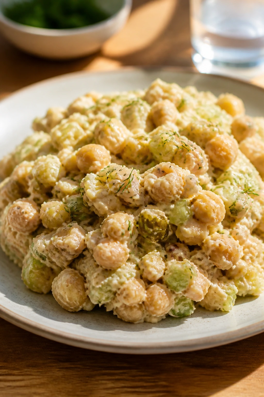 Close-up of Tuna-Style Chickpea Salad with mashed chickpeas, celery, and pickles.