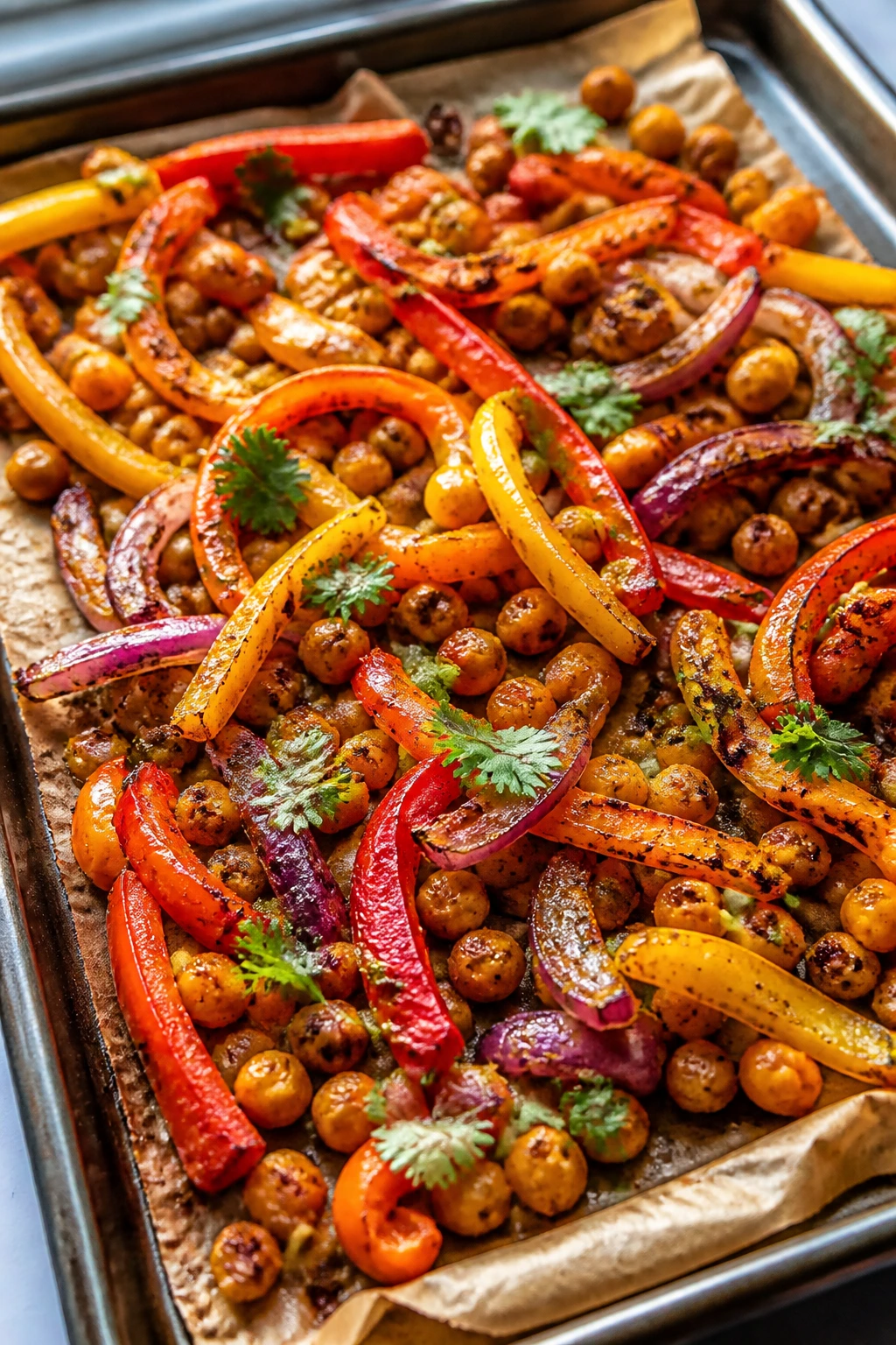 Close-up of sheet pan chickpeas with peppers and onions after roasting.