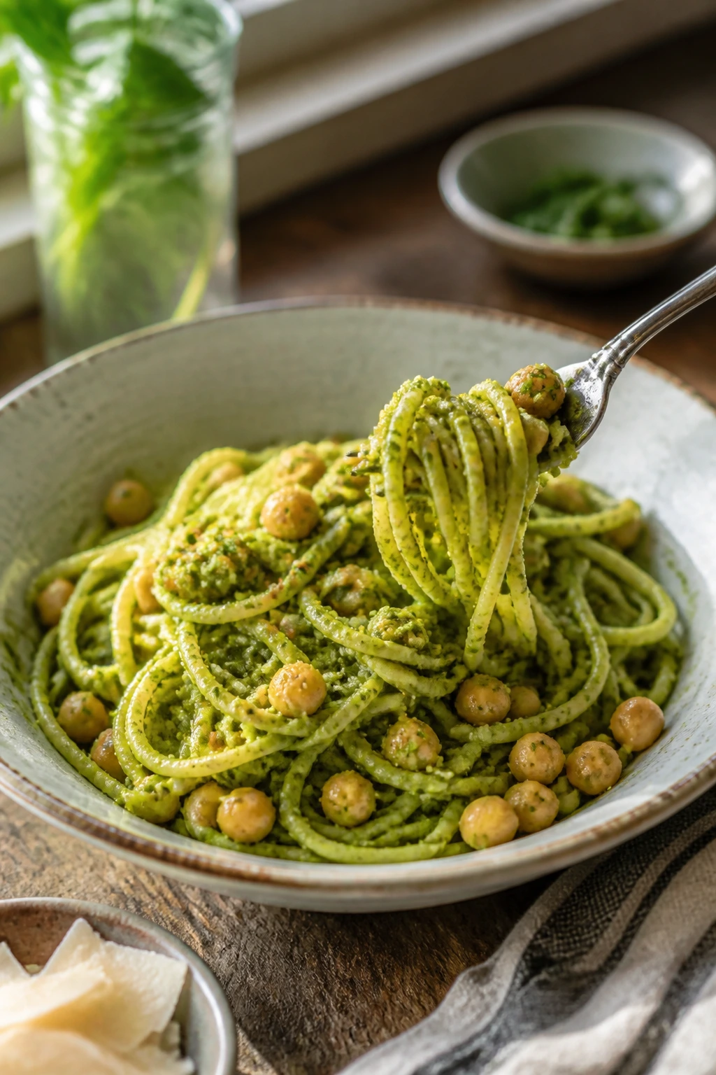 Pasta with pesto and chickpeas on a rustic table