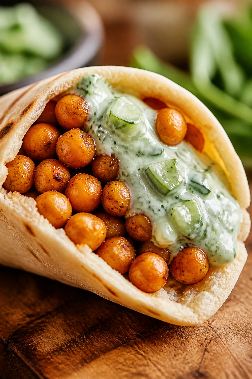 Open pita with roasted chickpeas and cucumber yogurt sauce