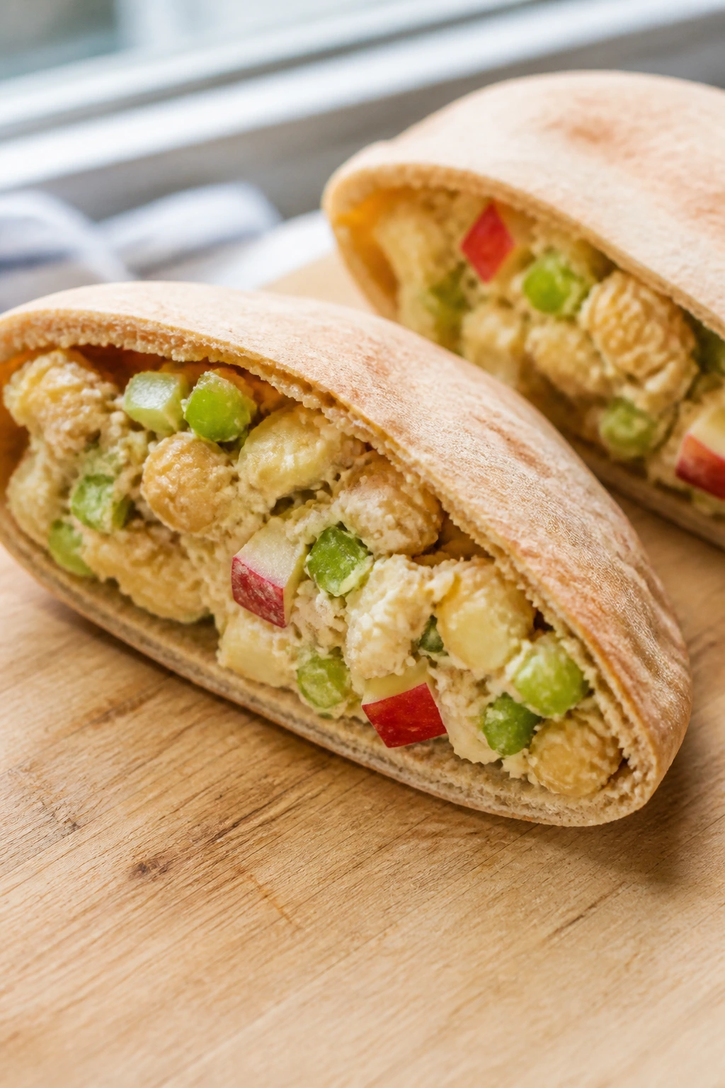 Cross-section pita with chickpea yogurt filling and crisp veggie bits.
