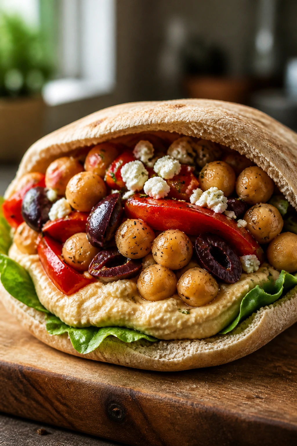 Close-up of warm pita stuffed with chickpeas, peppers, olives, feta and hummus on a wooden board.