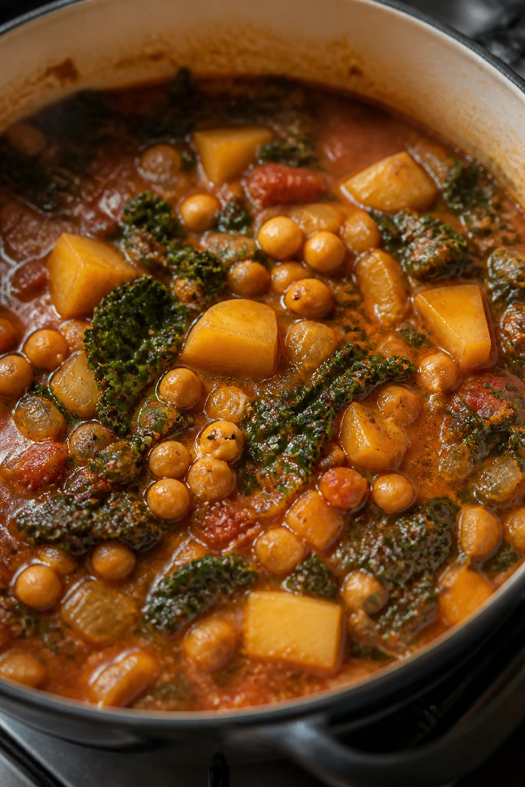 Pot with chickpeas, potatoes, and kale in smoky tomato broth