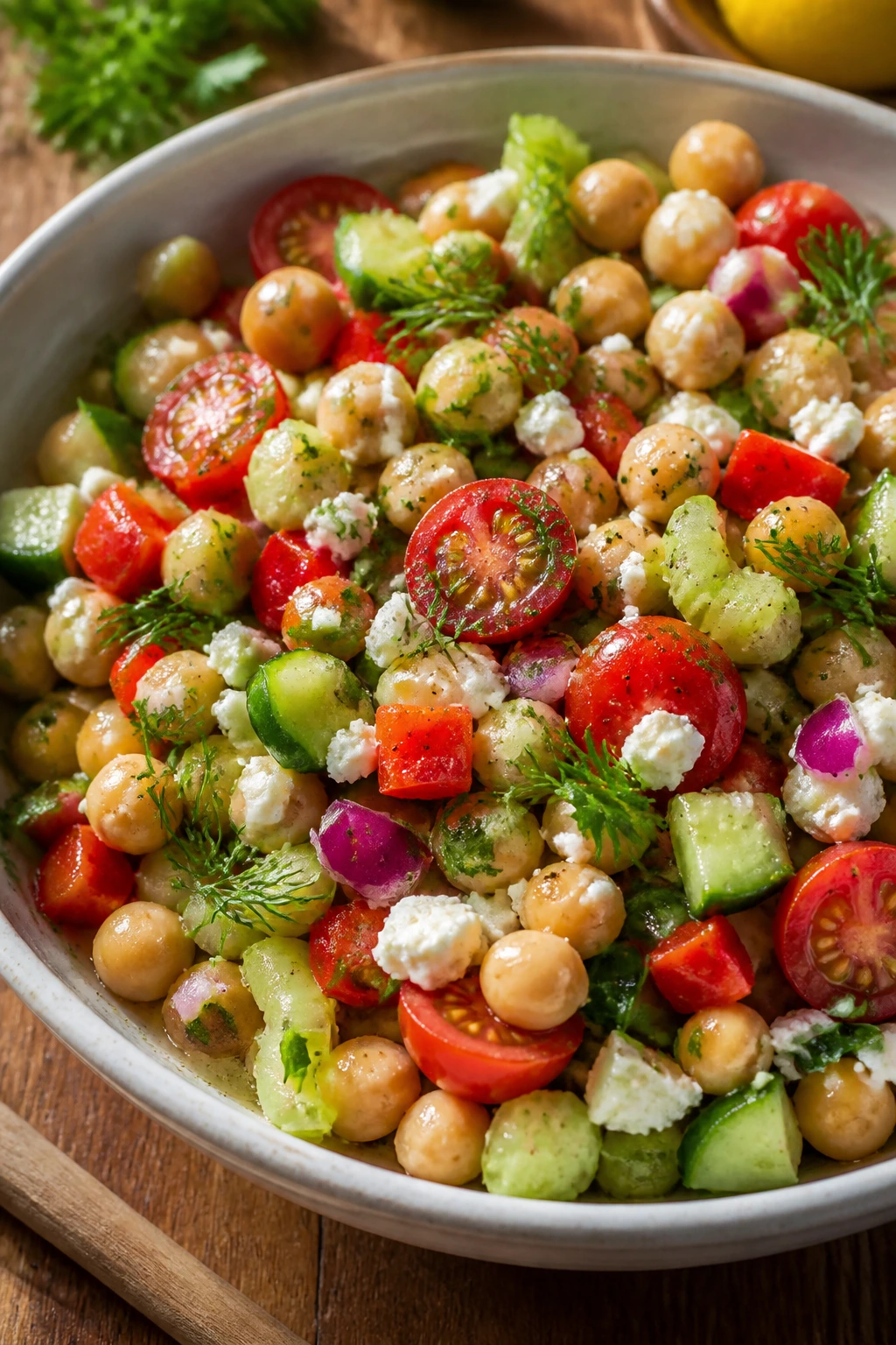 Close-up of hearty chickpea salad with cucumber, tomatoes, feta in a rustic bowl