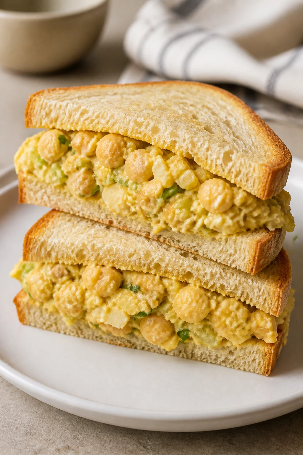 Close-up of chickpea salad sandwich halves on a plate