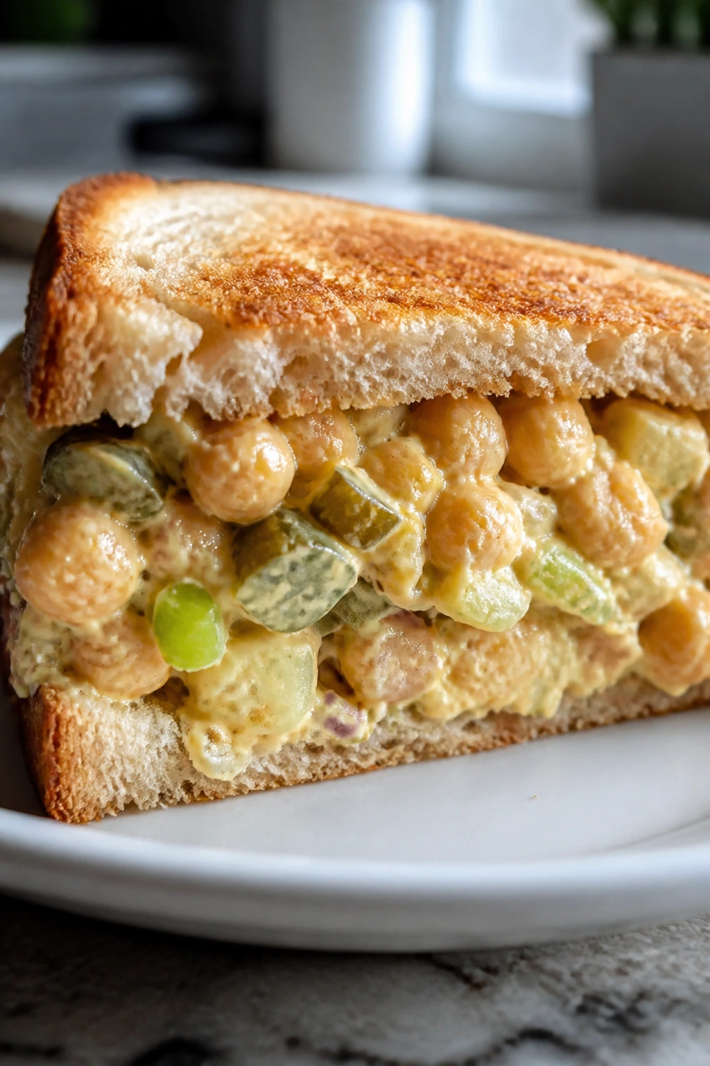 Close-up of chickpea salad sandwich half showing creamy filling