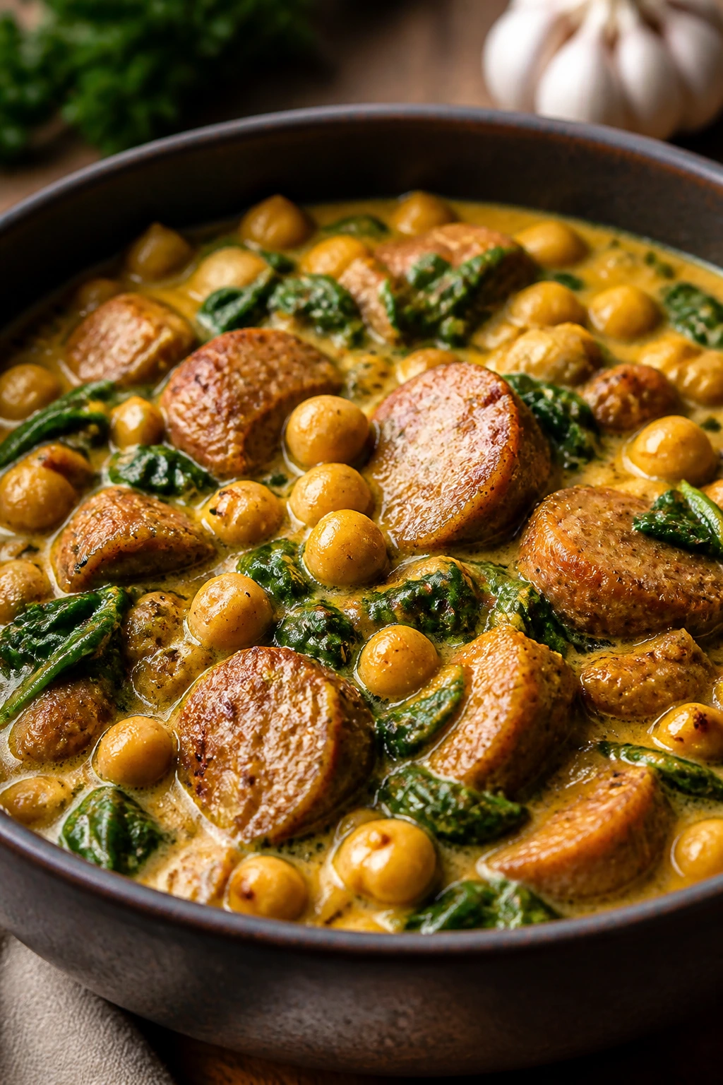Bowl of chickpea sausage spinach curry in coconut curry sauce