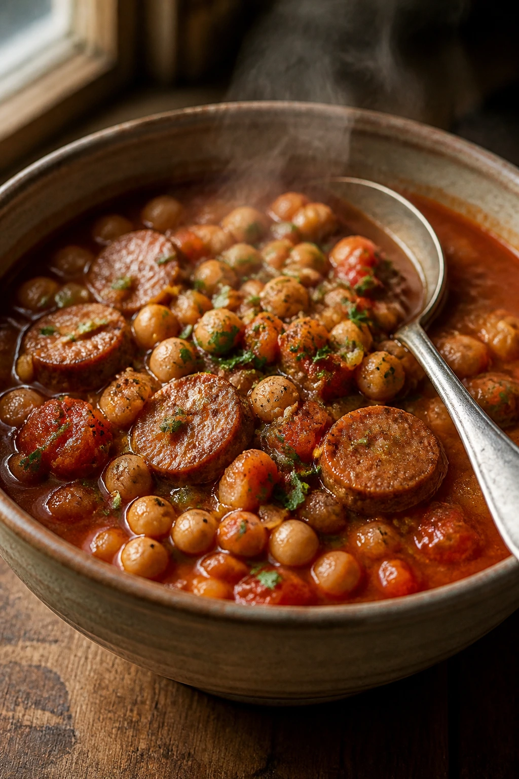 Close-up of hearty chickpea and sausage tomato stew in rustic bowl