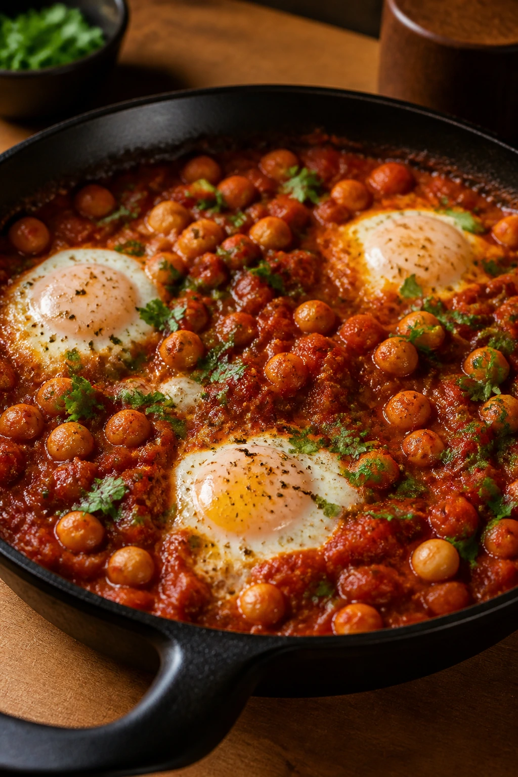 Skillet shakshuka with chickpeas and eggs in tomato sauce