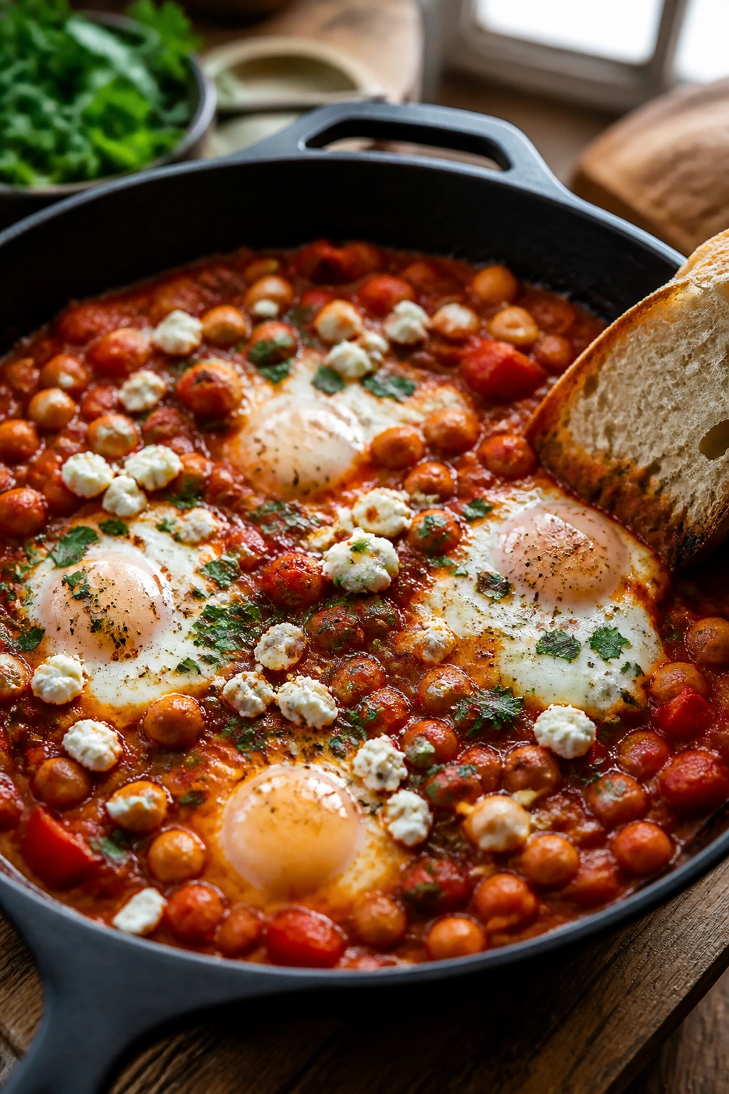 Close-up of chickpea shakshuka in a skillet with poached eggs and feta