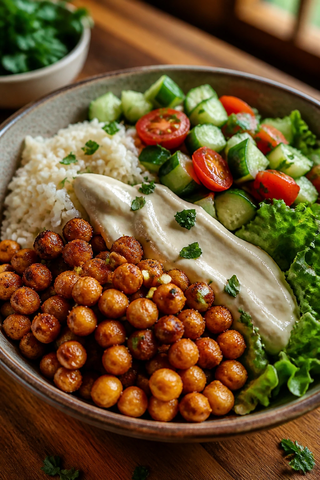 Close-up of Chickpea Shawarma Bowls with tahini and salad in a kitchen