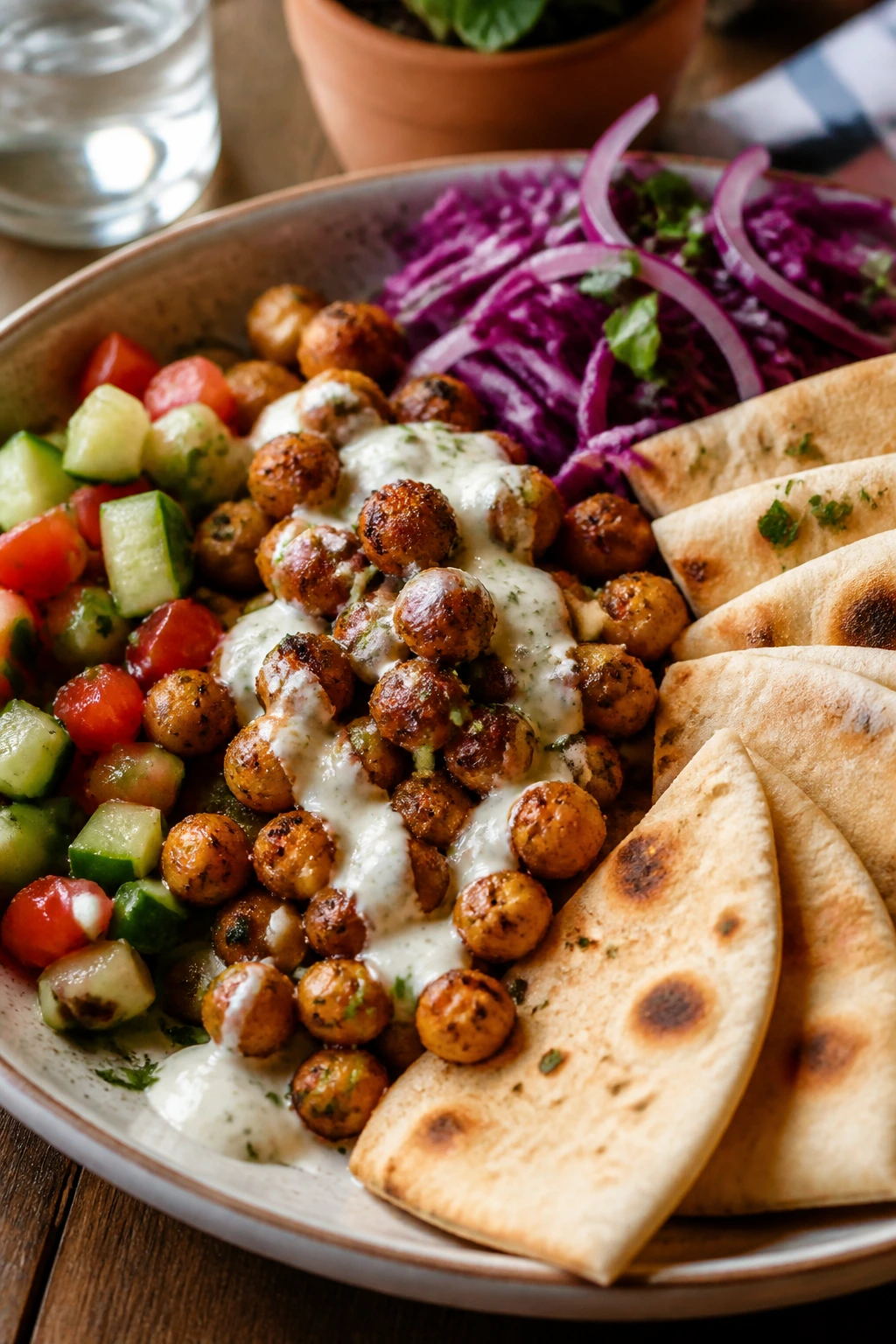 Close-up of chickpea shawarma pita plate with yogurt-tahini sauce.