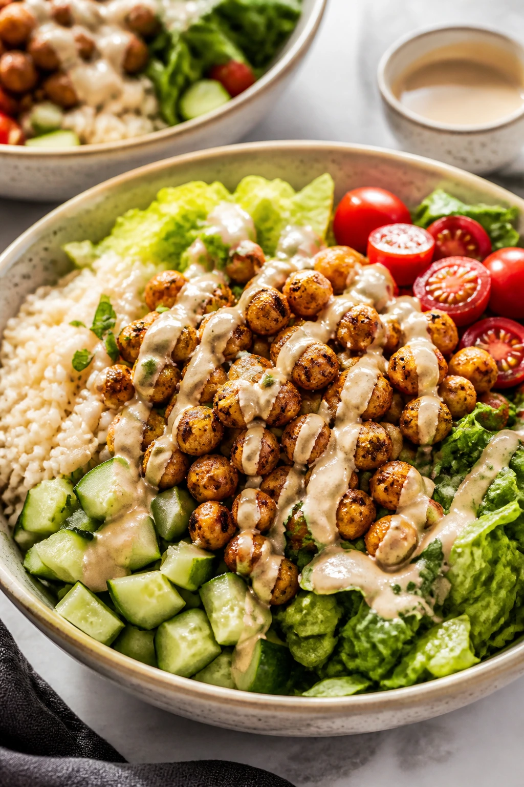 Close-up of chickpea shawarma bowl with tahini drizzle.
