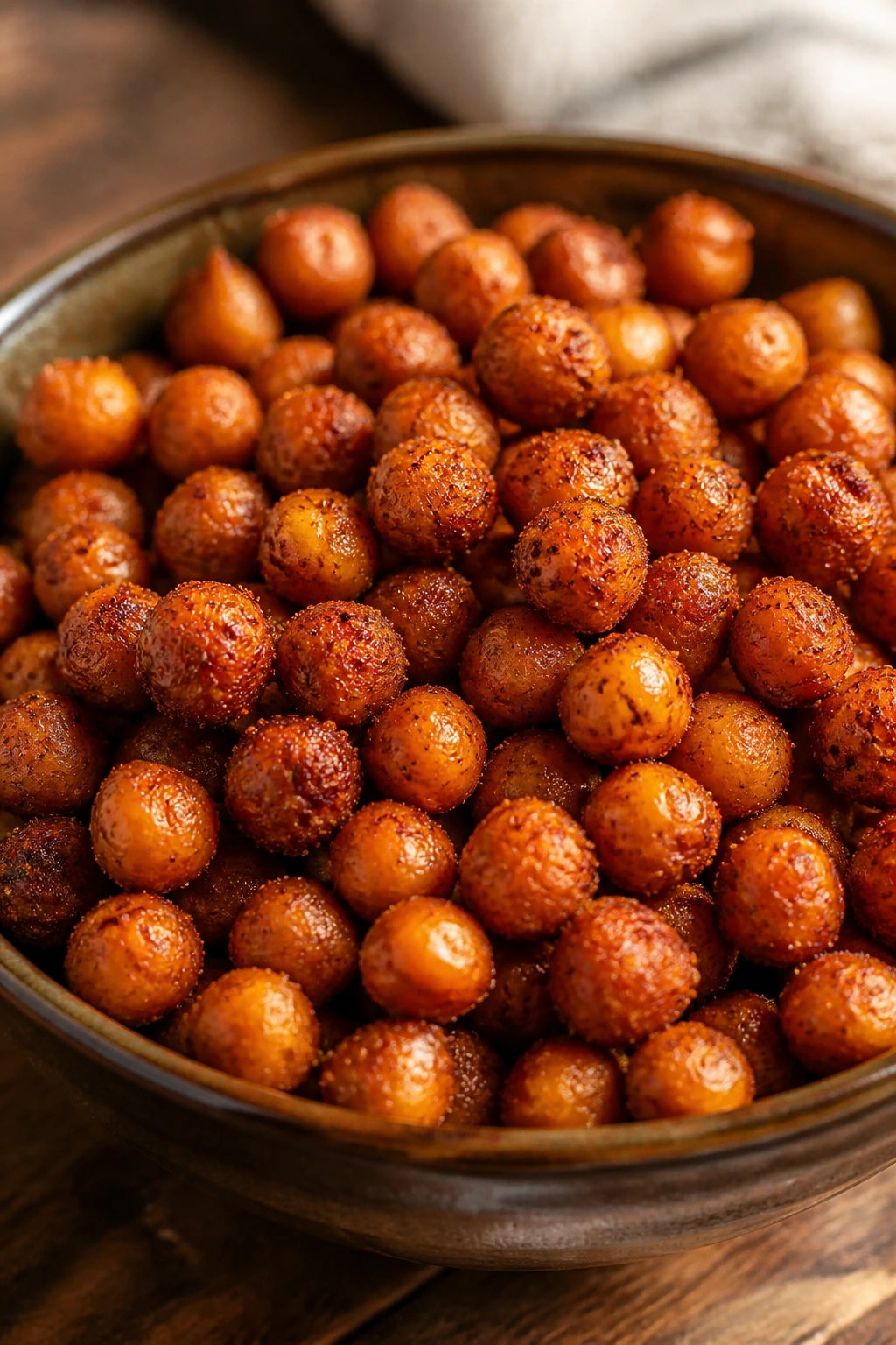 Close-up of smoky crispy chickpeas in a bowl