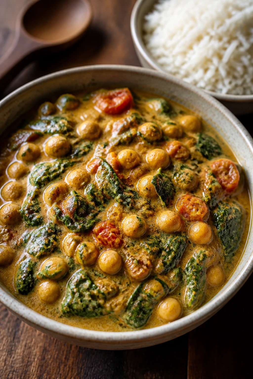 Chickpea spinach curry with basmati rice in a bowl