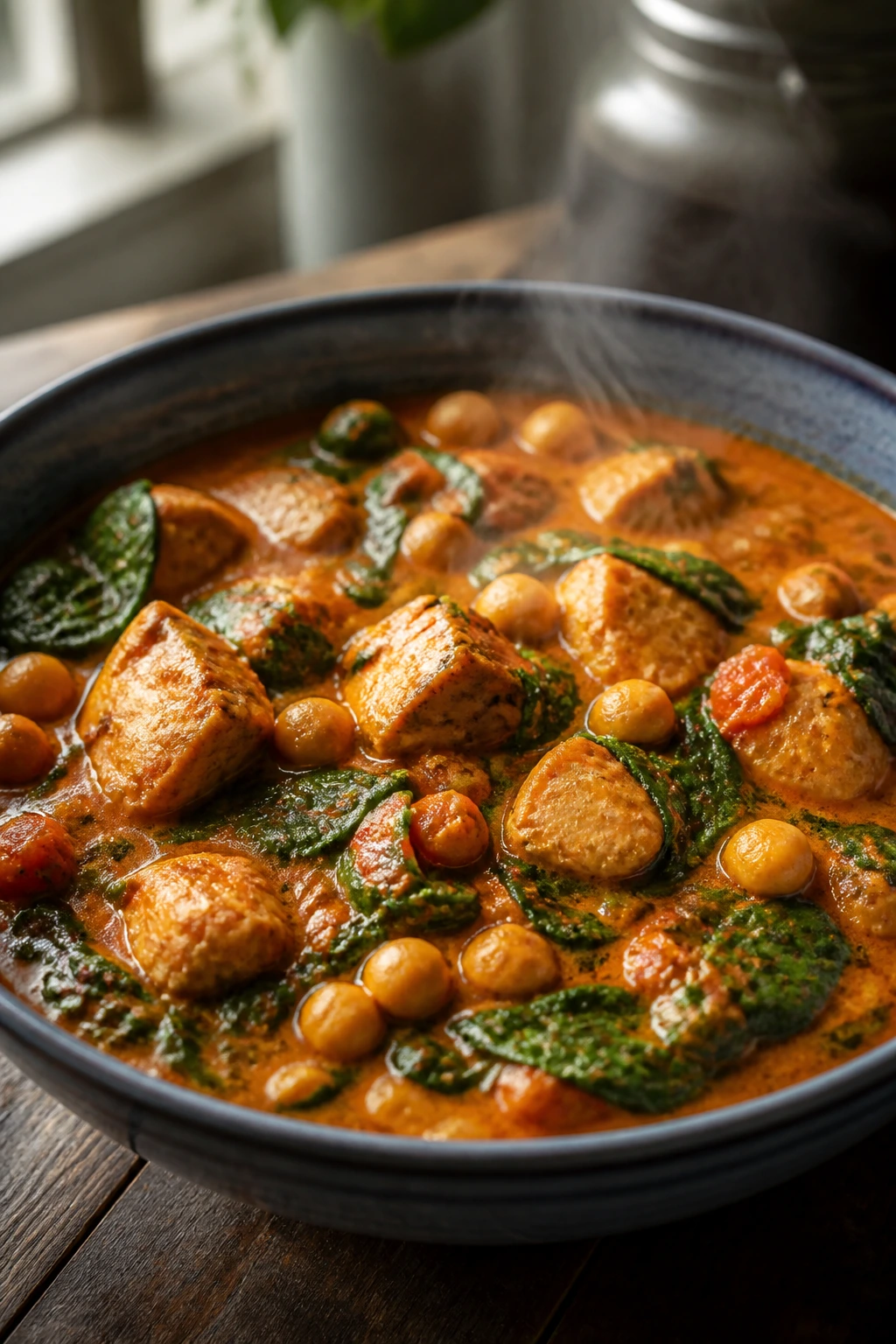 Bowl of chickpea spinach curry with chicken and coconut cream